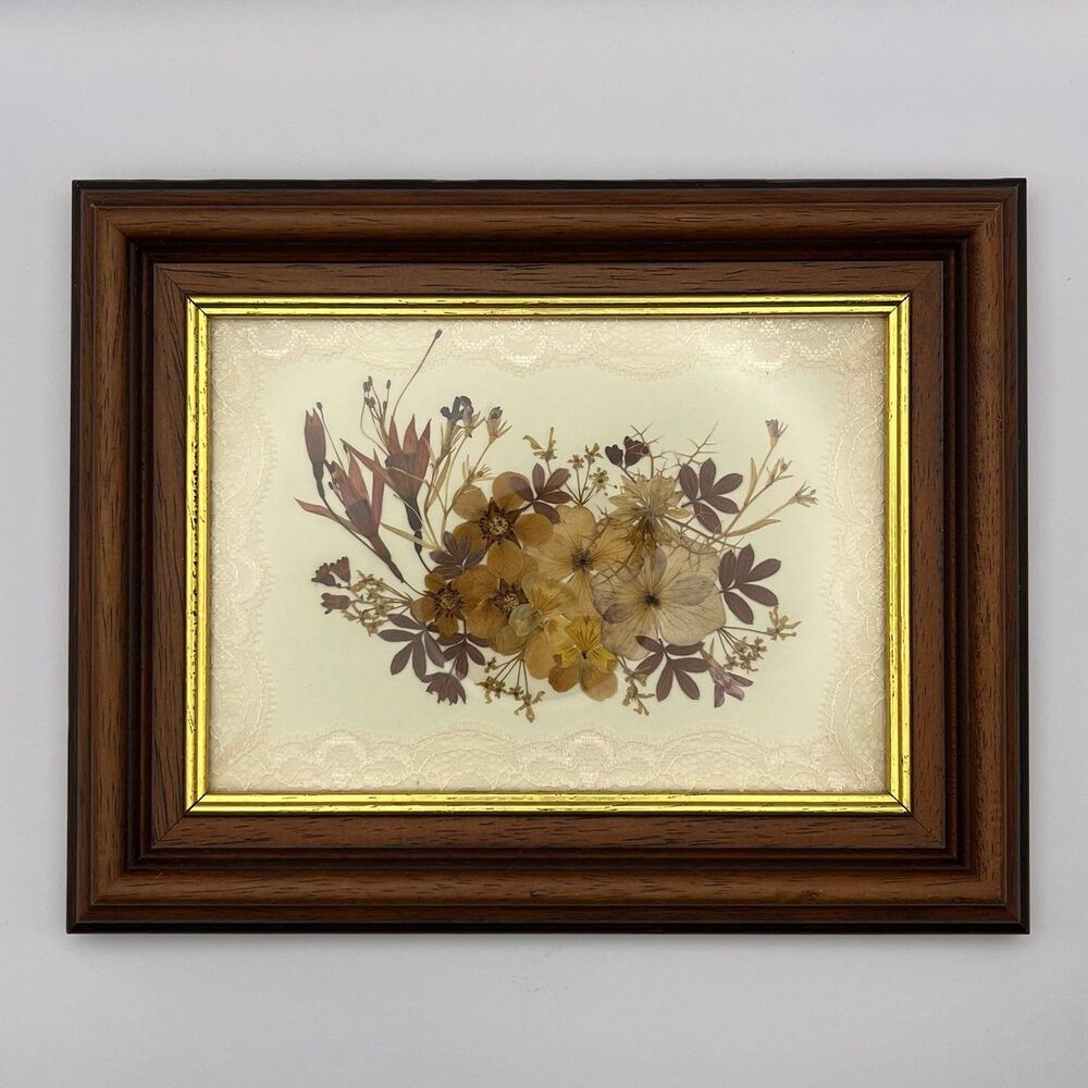 Vintage Framed Pressed Flower Lace Collage Herbarium Wall Art